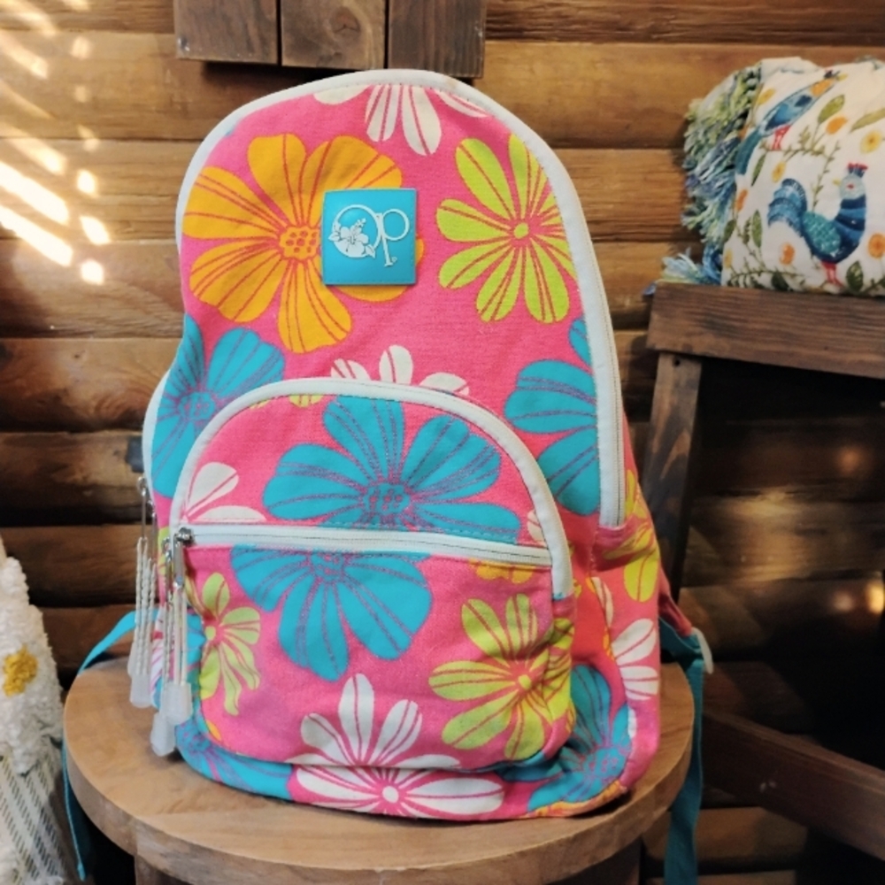Vintage OP Bright Flowers Backpack Canvas Pink Blue Orange Happy Floral